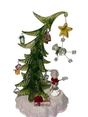 Lighted Acrylic Christmas Tree Snowman & Presents, LED, Battery, Original Box